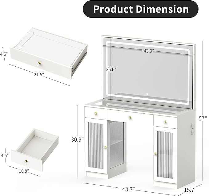 Pamapic Makeup Vanity with Lighted Mirror, Glass Top Vanity Desk with Power Outlet, 3-Drawer White Vanity, Makeup Table with 3 Color Modes Adjustment