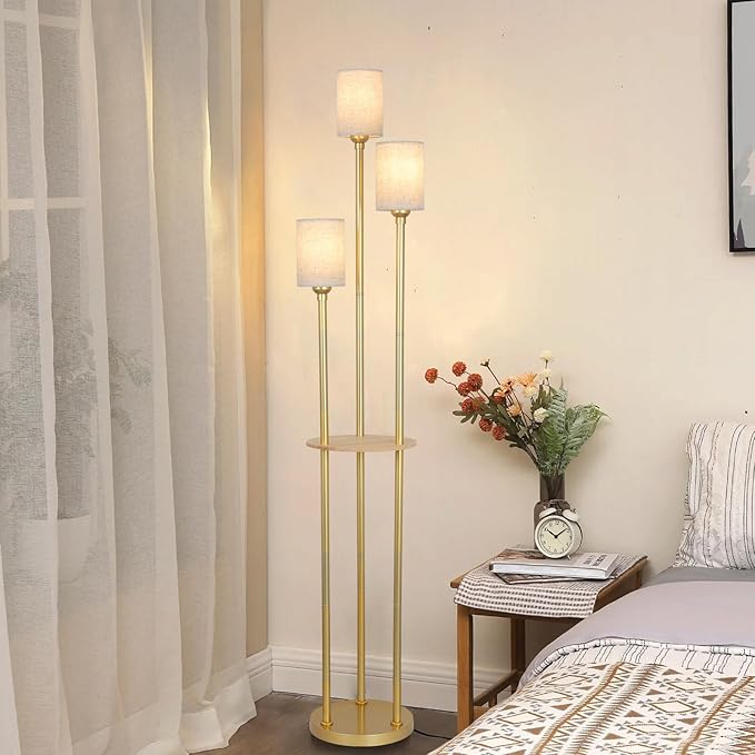 Floor Lamps for Living Room, 3-Lights Modern Floor Lamp with Shelves, Gold Standing Lamp with Fabric Shade and Foot Switch, Shelf Standing Lamps with Table, Tall Table Lamps for Bedroom Office