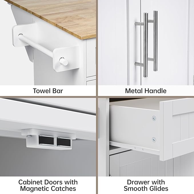 Rolling Kitchen Island with Drop Leaf, Kitchen Island Cart on Wheels with 43.3" W Top, Portable Kitchen Cart with Trash Can Storage, Kitchen Islands with Storage for Small Space, White