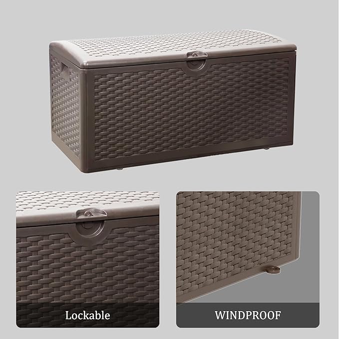 180 Gallon Lockable Deck Box, Waterproof & UV-Resistant Outdoor Storage for Patio Cushions, Heavy Duty Resin Deck Storage Container, Coffee