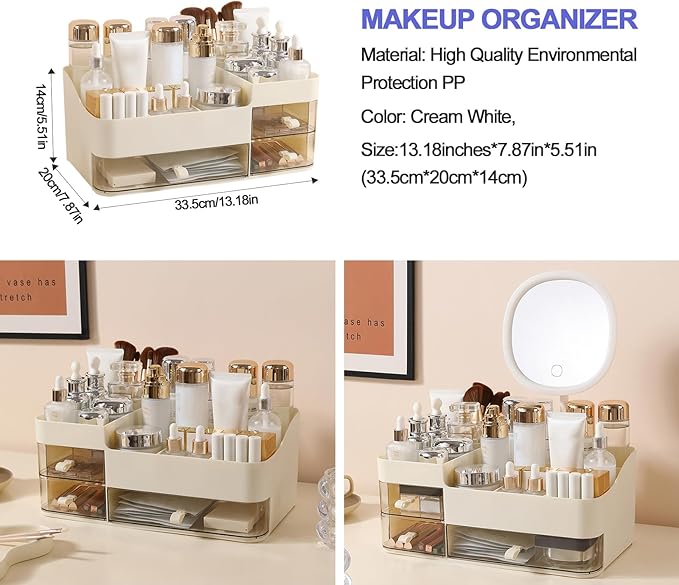 DASITON Makeup Organizer with 3 Drawers,Skincare and Cosmetics Organizer Countertop,Makeup Organizers and Storage with Brush Holder,Large Cosmetic Display Case for Vanity,Desk,Bathroom,Bedroom(Cream)