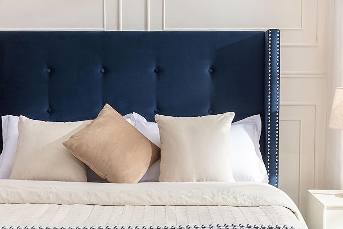 GDFStudio Tall Headboard Upholstered Bed,Queen Size Platform Bed Frame with Headboard Nailhead Trim Wingback,54" High No Box Spring Needed Easy Assembly Traditional Hand Buttoned Tufting Blue Velvet