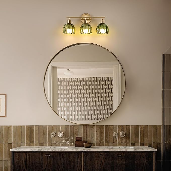 Battery Operated Bathroom Light Fixtures, 3-Light Brass Vanity Wall Light with 5000mAh Rechargeable Bulb Over Mirror with Green Tulip Glass Shade for Bedroom Living Room