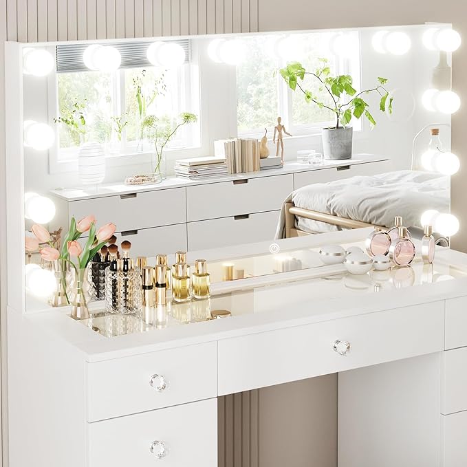 VOWNER Vanity with Lighted Mirror - Glass Top Makeup Vanity Desk with Lights and 11 Drawers, 3 Color Lighting Modes Adjustable Brightness, 46" Makeup Desk with Soft Cushioned Stool for Bedroom, White