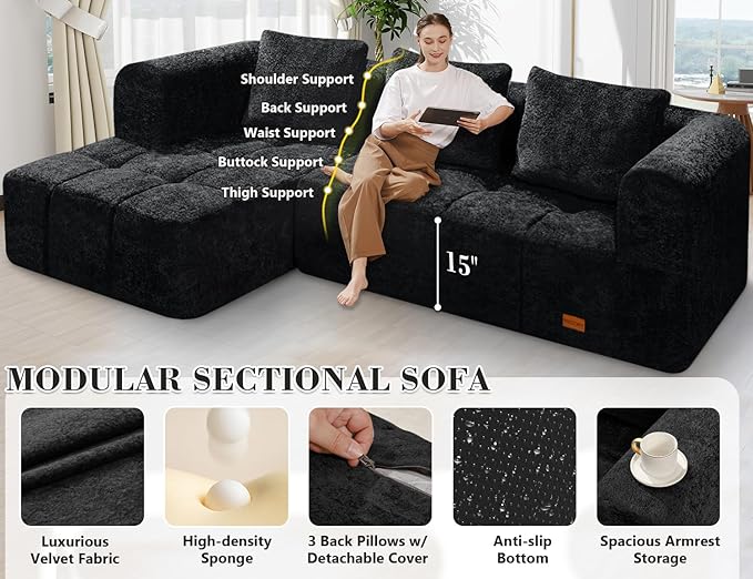 HABUTWAY 105" L-Shaped Modular Sectional Sofa, No Assembly Required Deep Seat Couch with 3 Pillows, Soft Fabric Upholstered, Modern Chaise Lounge for Living Room, Bedroom,Black