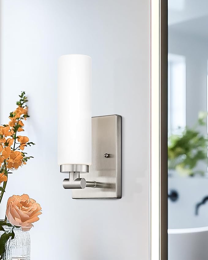Emak Brushed Nickel Wall Sconces, 2 Light Bathroom Light Fixtures with Milk Glass Shade, Modern Wall Lights for Bathroom, Mirror, Living Room, Bedroom, Gallery, WS086-BN-ML-2PK