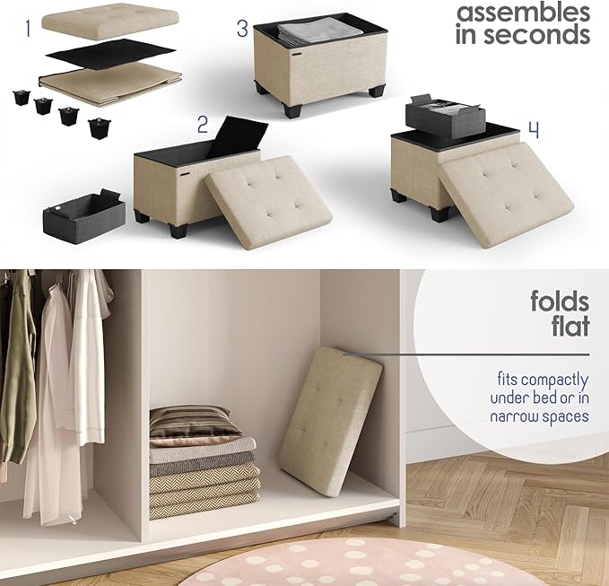 STORAGEBUD Storage Ottoman Cube with Small Bin, 16-in Square Ottoman with Storage for Living Room and Bedroom, Small Ottomans Foot Rest, Fabric Foot Stools Ottomans Max 330lbs, Beige