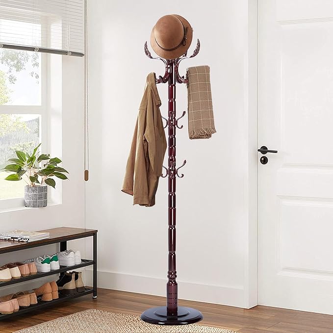 Coat Racks Free Standing with 14 Hooks, Natural Wood Coat Stands for Entryway, Adjustable Height 72 in Tree Coat Rack Stand for Hallway Home Office Bedroom (Mahogany Phoenix)