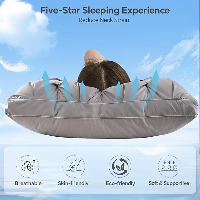 QUTOOL Luxury Hotel Goose Feather Pillow, 100% Cotton, Soft Support Pillow, Suitable for Sleepers on The Back, Sides, and Stomach, Set of 2 Queen Size Bed Pillows (16" x 28"), Gray