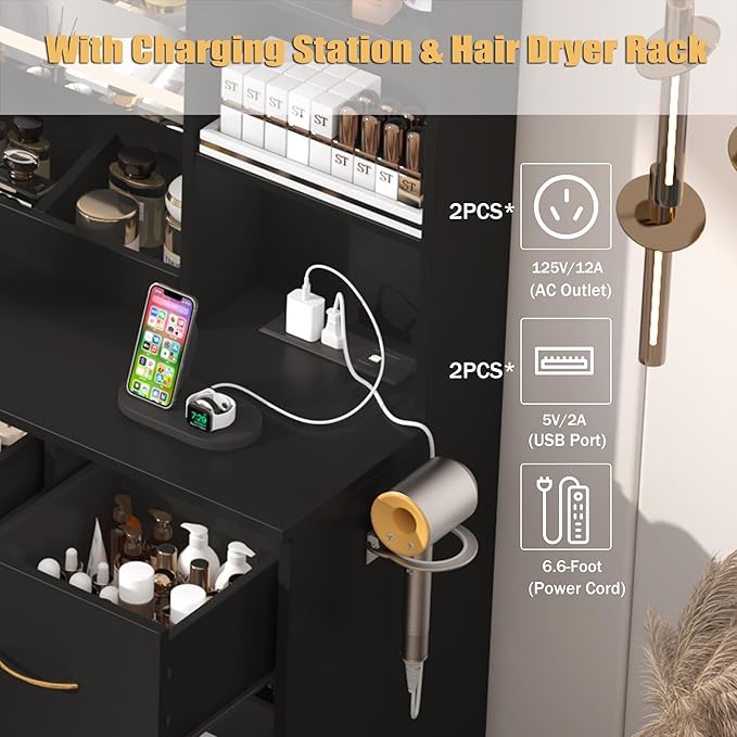 47 inch Large Vanity Desk w/ 7 Drawers,Cushion Stool,Outlet,6 Shelves,Black Make up Vanity Table Set 3 Lighting Modes Brightness for Bedroom Dressing Room