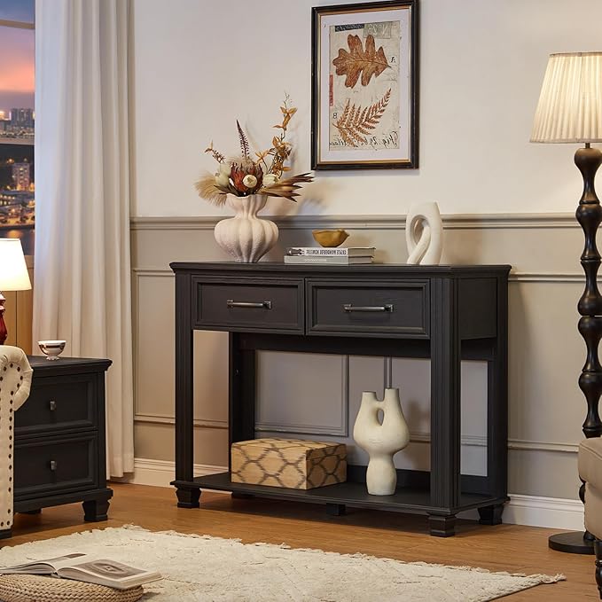 Farmhouse 46" Console Table with 2 Drawers, Rustic Wood 2 Tier Entryway Table with Open Storage Shelf for Entry, Large Mid-Century Vintage Sofa Tables Behind Couch for Living Room, Black