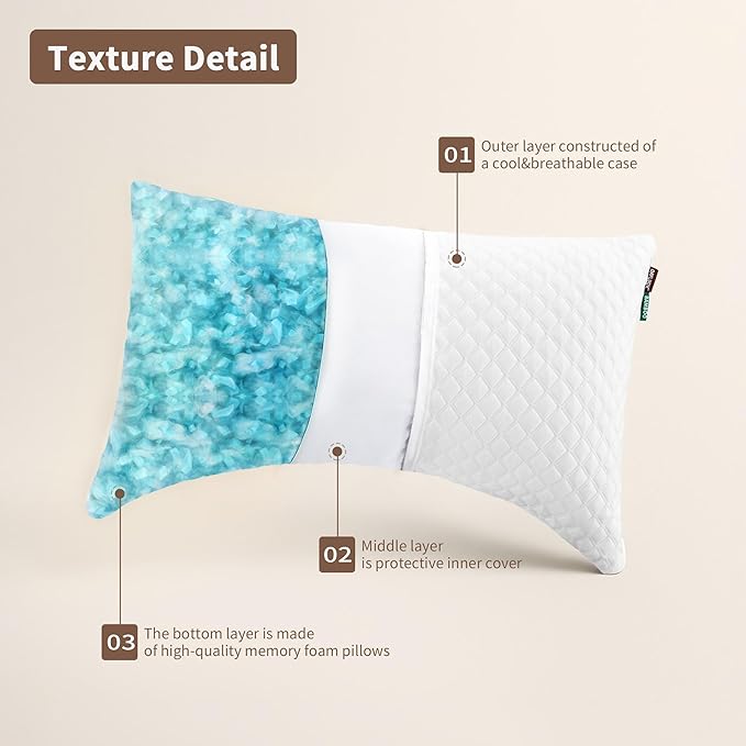 Cooling Pillow for Side Sleepers - Ergonomic Curved Design & Adjustable Shredded Memory Foam for Neck/Shoulder Pain Relief, Queen Size Bed Pillow with Washable Cover & Extra Fill (Crescent White)