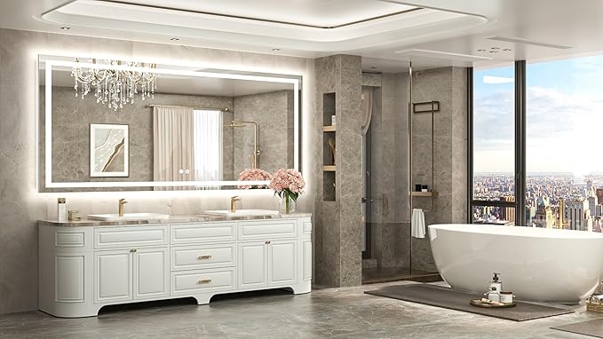 TETOTE 84 x 36 LED Bathroom Mirror with Lights, Brighter Front and Backlit Led Lighted Vanity Mirror Wall Mounted, 3-Color Dimmable Light up Anti Fog Mirror, Waterproof, Shatterproof Tempered Glass