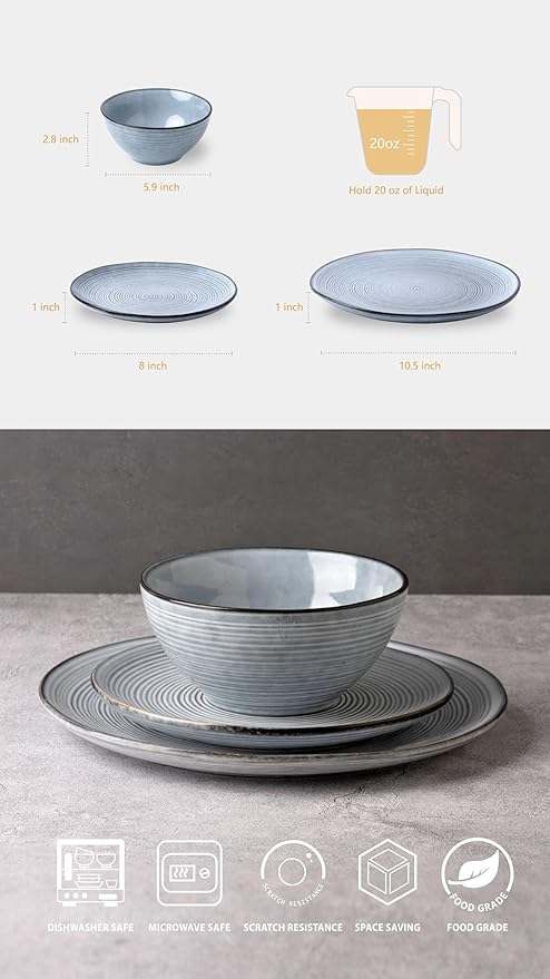 Famiware Tempus Plates and Bowls Sets for 6, 18 Pieces Stoneware Dinnerware Sets, Reactive Glaze Dishes Set, Dishwasher & Microwave Safe - Pearl Blue