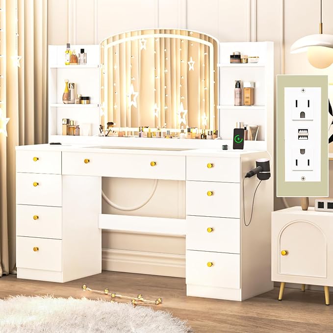 Makeup Vanity Desk with Mirror, Makeup Vanity with Power Outlet, 55" Large Vanity with 9 Drawers & Storage Shelves for Bedroom, White