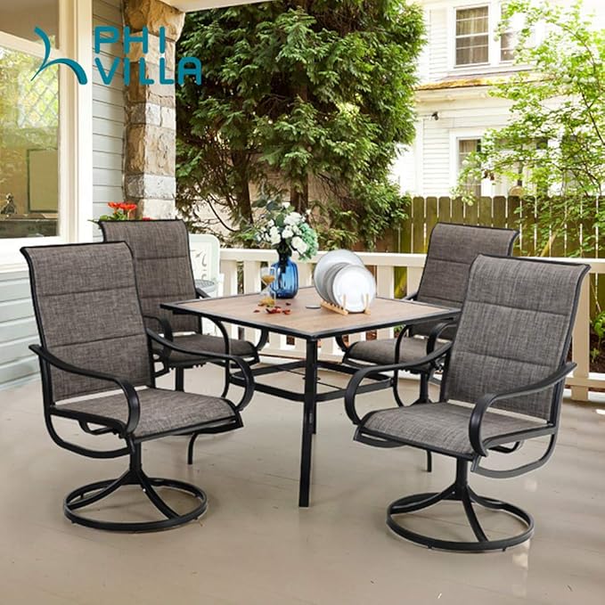 PHI VILLA 5 PCS Patio Dining Set with 4 Padded Outdoor Swivel Dining Chairs and 37"x 37" Premium PVC Table Top Dining Table(1.57" Umbrella Hole), Outdoor Dining Table & Chair Set for Deck Lawn Garden