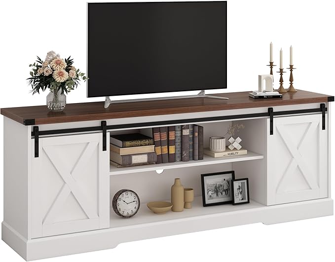 Farmhouse TV Stand for 70/75/80 Inch TV, 70 inch Entertainment Center Storage Cabinets with Sliding Barn Doors, Media Console Cabinet for Living Room, White