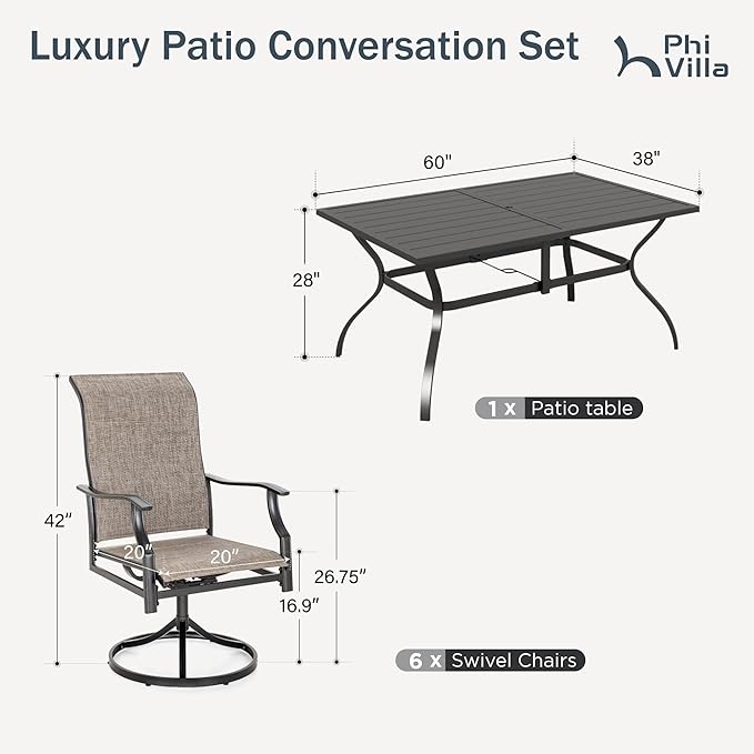PHI VILLA 7 PCS Patio Dining Set, Outdoor Table & Chairs Set with Large Metal Table & 6 High Back Padded Outdoor Swivel Armerest Chairs, Patio Dining Furniture Set for Patio, Lawn, Garden, Porch