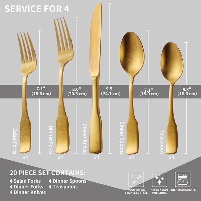 Alata Kate Gold Tumbled 20-Piece Silverware Set,Service for 4,Stainless Steel Flatware Set,Tumbled Cutlery Set,Dishwasher Safe