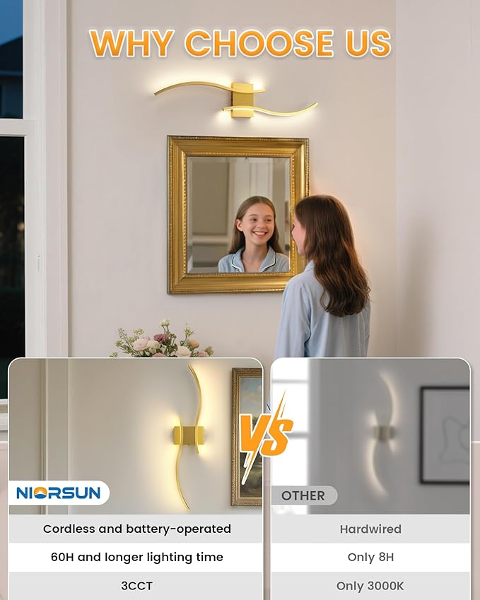NIORSUN 27.6 Inch Battery Operated Wall Sconce Set of 2, Gold Modern Rechargeable Wall Lights with Remote, 3CCT Dimmable Wireless Wall Lamp for Living Room Bedroom Hallway