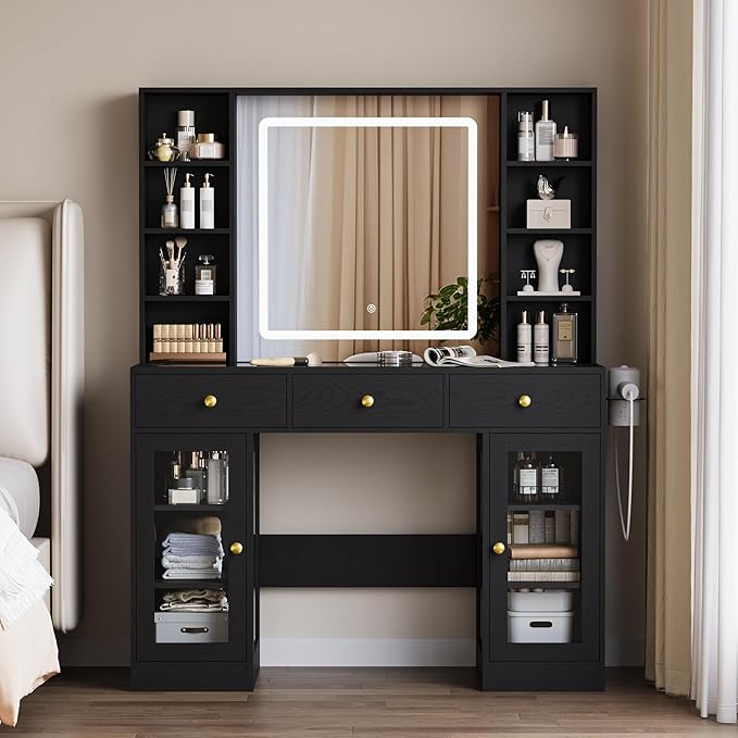 Vanity Desk with Mirror and Lights, Black Makeup Vanity with Glass Top & Drawers, 3 Lighting Modes, Power Outlet, RGB Glass Cabinets, Modern Dressing Table for Bedroom, Girls, Women, Teens