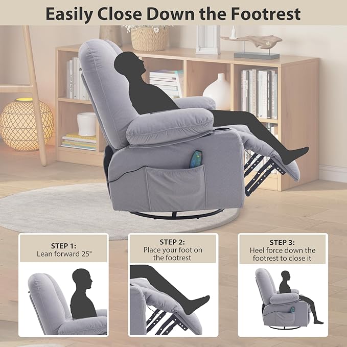 Massage Recliner Chair with Heat for Adults,Overstuffed Rocker Recliners Swivel Glider with Cup Holder Side Pocket, Manual Reclining Fabric Sofa Chair for Living Room