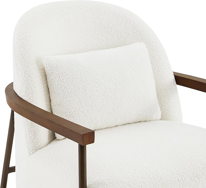 CHITA Accent Chair for Living Room, FSC Certified Modern Upholstered Faux Sherpa Fabric Armchair with Metal Frame and Wooden Armrests, White