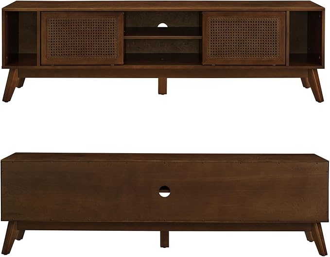 68 Inch Mid Century Modern TV Stands with Rattan Doors, MCM Entertainment Center Media Console for 60/65/70/75 inch TVS, Long Boho Television Stand for Living Room, Dark Walnut