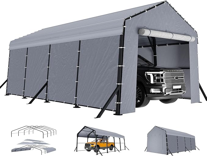 Jocisland 12x20x10.5 FT Metal Carport - Removable Waterproof Sidewalls, Heavy Duty Outdoor Carport with Upgraded Steel Reinforcements for All-Weather, Car Canopy for Car, Boat, Equipment Storage