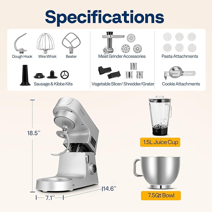 VIVOHOME 9 in 1 Multifunctional Stand Mixer with Fermentation, 6 Speed 7.5 Quart Kitchen Electric Food Mixer with Timer, Meat Grinder, Juice Blender, Vegetable Slicer, Pasta and Cookie Maker, Silver