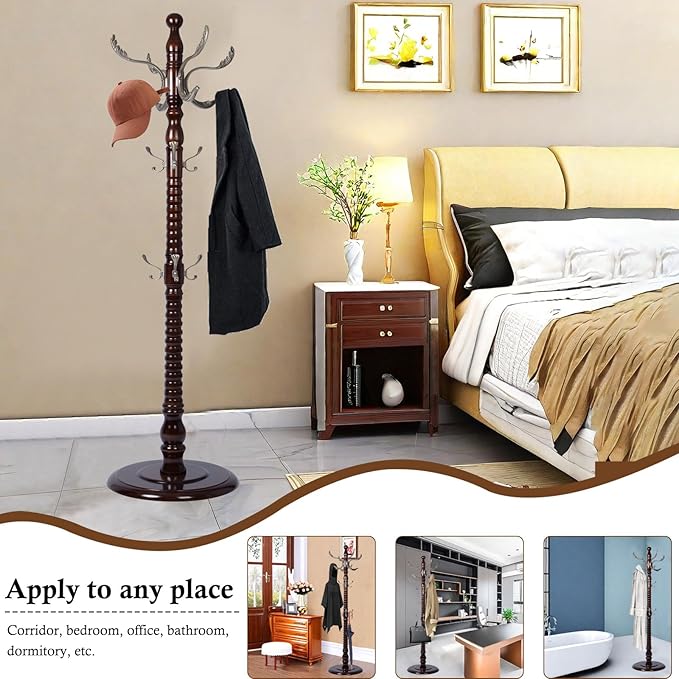 Coat Rack Stand, Solid Wooden Coat Tree with 14 Hooks, Heavy Duty Coat Rack Freestanding with Sturdy Round Base, Natural Birch Wood Coat Hanger Stand for Entryway Bedroom (Metal hook)