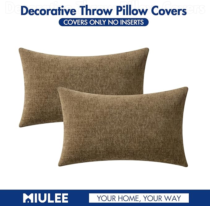 MIULEE Pack of 2 Coffee Throw Pillow Covers 12x20 Inch Soft Chenille Pillow Covers for Sofa Living Room Couch Solid Dyed Cases