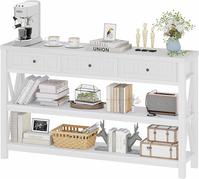 FATORRI Console Table for Entryway, Wood and Metal Sofa Table with 3 Drawers for Living Room, Farmhouse Hallway Tables and Modern Couch Tables Behind Sofa (54.72 Inch Long, White Oak)