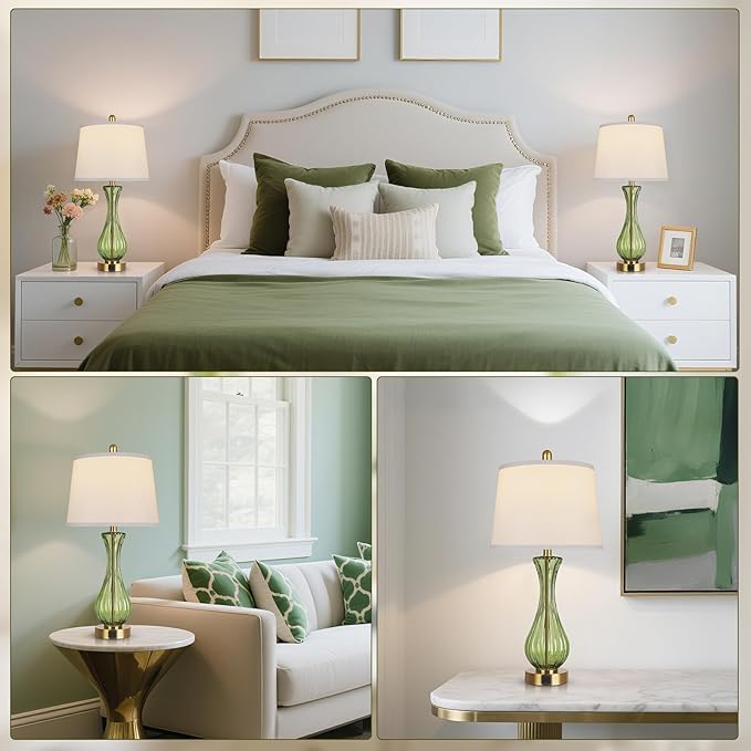 27.5" Coastal Glass Table Lamp Set of 2, 3-Way Dimmable Full Touch Control Beach Lamp with USB A+C Port, Green Glass Nautical Bedside Lamp with White Shade for Living Room Bedroom(LED Bulbs Included)