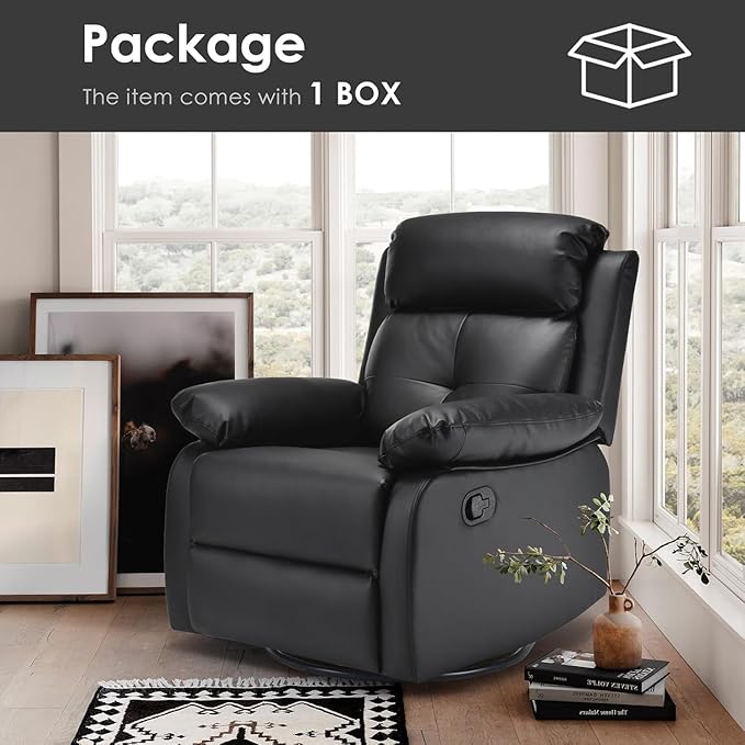 Swivel Rocker Recliner with 360 Degree Swivel, Small Recliners with 30 Degree, 90-150 Degree Angle, Faux Leather Lift Chair for Home Theater Seating, Adults, Living Room, Bedroom, Black