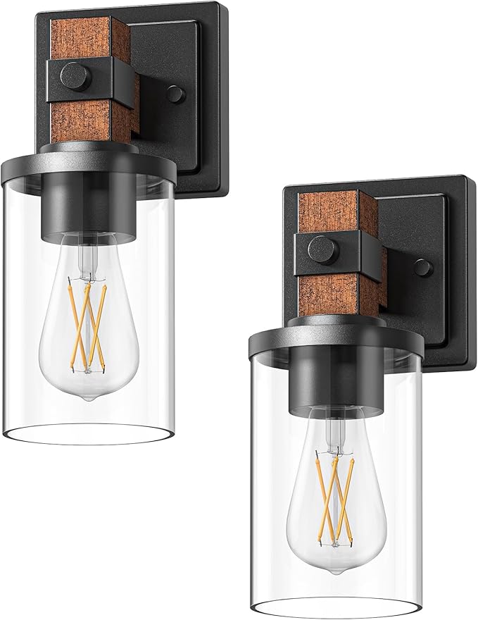 EDISHINE Wall Sconces Set of 2, Farmhouse Vanity Lights Fixtures for Bathroom, 1-Light Faux Wood Rustic Bath Wall Mount Lamp with Clear Glass Shade for Hallway, Living Room, Mirror, Kitchen