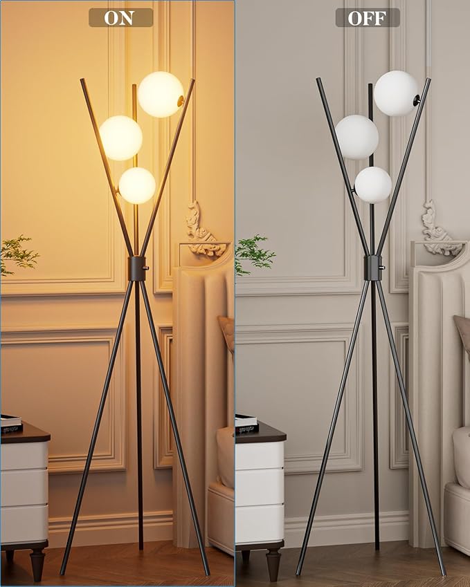 Lightdot 60IN Dimmable Tripod Floor Lamp Mid Century Black Standing Lamps with 3Pcs 3000K G9 Bulbs Globe Eye Care&Stable Base Modern Tall Lamp for Living Room Bedroom Office