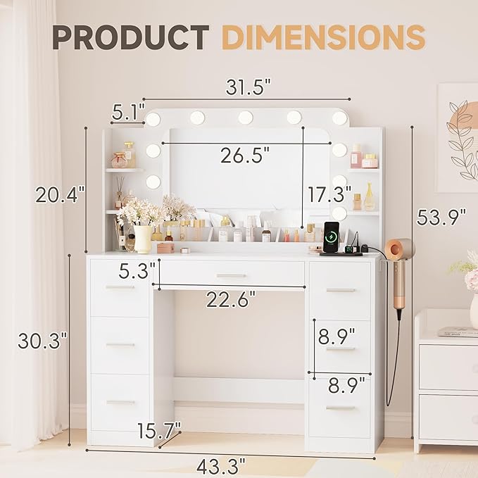 YESHOMY Vanity Desk with Large Lighted Mirror, Power Outlet and 11 Lights, Makeup Table with 7 Drawers and 3 Desktup Storage Units, 3 Color Modes Available for Bedroom, White