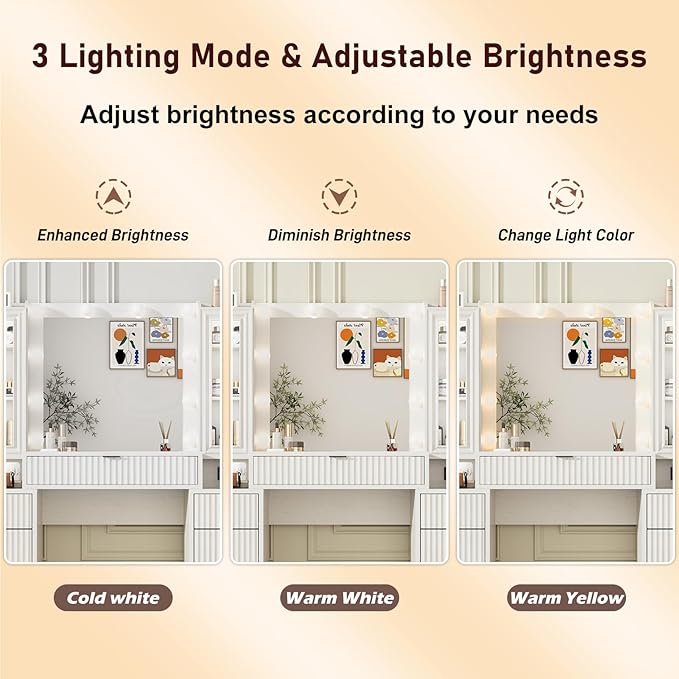 55" Fluted Makeup Vanity Desk with Large Mirror and Lights, Modern Glass Top Big Vanity Table with 9 Drawers & Open Storage Shelves, Dressing Table w/Charging Station for Bedroom, White