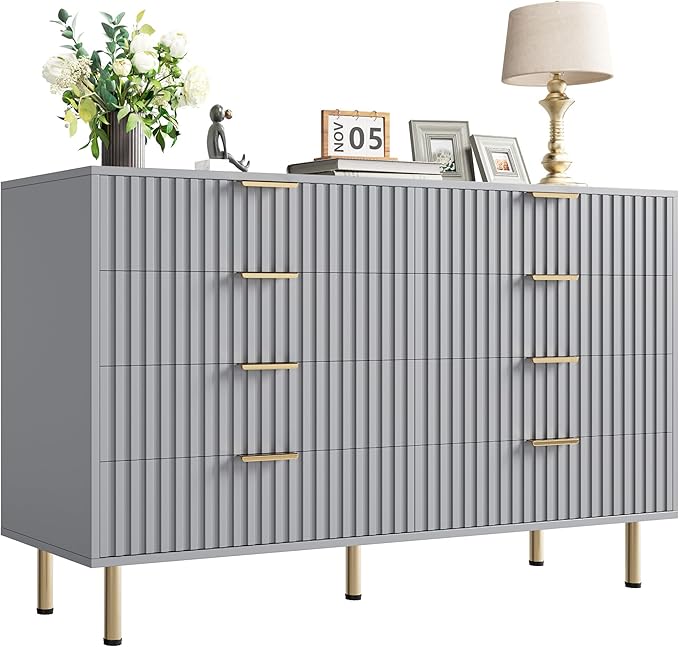 8 Drawer Dresser for Bedroom, Fluted 55" Wide Modern Chest of Drawers with Deep Drawers, Long Large Double Dresser TV Stand, Wooden Dresser Organizer for Living Room, Hallway, Kids Room, Grey