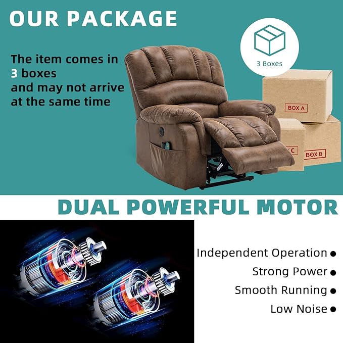 MEETWARM Large Infinite Position Dual Motor Recliner Chair for Big and Tall Elderly, Oversized Lay Flat Sleeper Power Lift Recliner with Massage Heat, 2 Remote Controls/USB Port/Side Pockets(Brown)