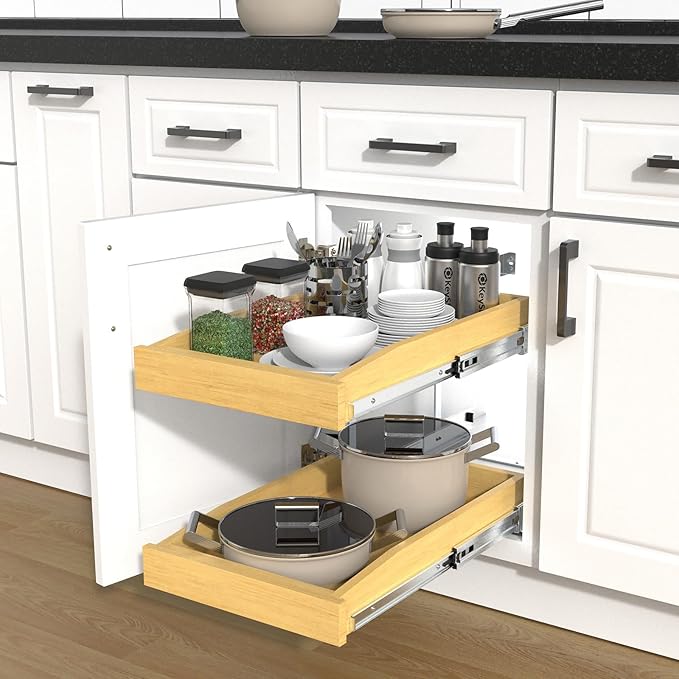 2 Tier Pull Out Cabinet Organizer, 11"W x 21"D Solid Wood Heavy-Duty Base Bottom Assembly Slide out Drawer Shel Cabinet Organization for Kitchen, Pantry, Bathroom