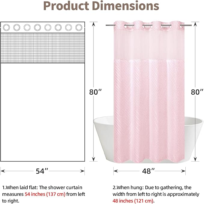 stall no Hook Tufted Shower Curtain with snap in Liner Set, White Waterproof Fabric Inner Liner,Boho Style Shower Curtain with See Through top Window, Pink, 54Wx80H