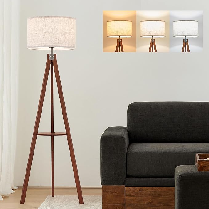 ELYONA Tripod Floor Lamp with Shelves, 3 Color Temperatures LED Modern Wood Table Reading Standing Light, Wooden Shelf Floor Lamp for Farmhouse Living Room Bedroom Office Nature Linen Shade,Brown
