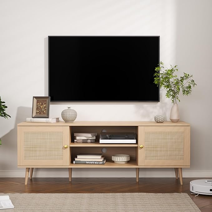 Rattan TV Stand for 55/60/65/70 inch TV, Boho 59" Entertainment Center with Storage, Modern Mid Century Media Console with Rattan Doors and Adjustable Shelf, Wood TV Stand for Living Room, Oak