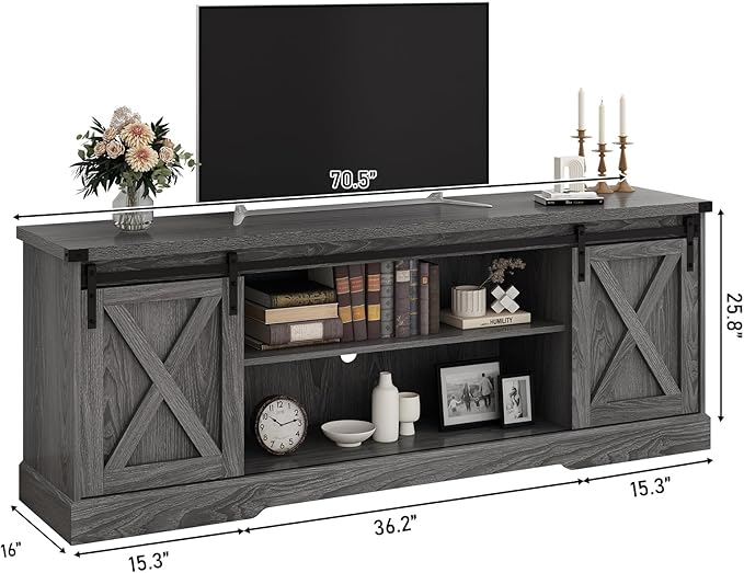 Farmhouse TV Stand for 70/75/80 Inch TV, Entertainment Center Storage Cabinets with Sliding Barn Doors, Media Console Cabinet for Living Room, Grey