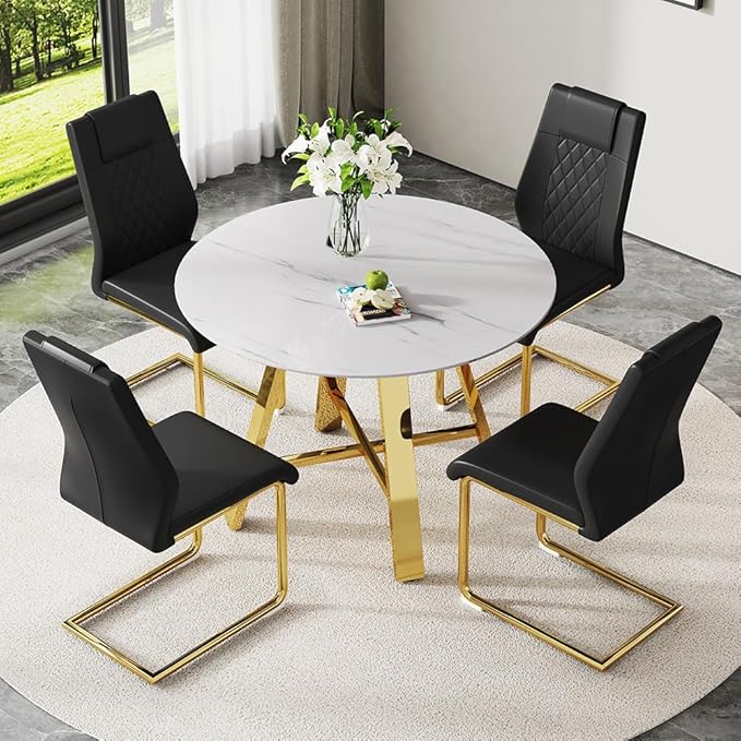 Round Dining Table Set for 4, Modern Kitchen Dining Table Chairs Set for 4, 42" Faux Marble Dining Room Table Set & 4 PU Leather Chairs for Kitchen Living Office Cafe Small Space