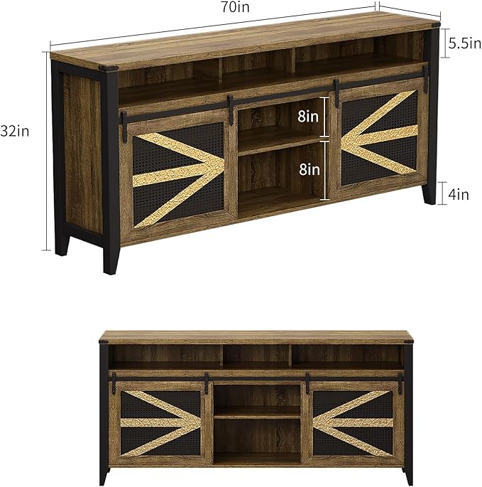 VFK 70 Inch TV Stand for TVs up to 70", Rustic Farmhouse Media Console with Sliding Barn Doors, 6 Drawers, Entertainment Center for Living Room