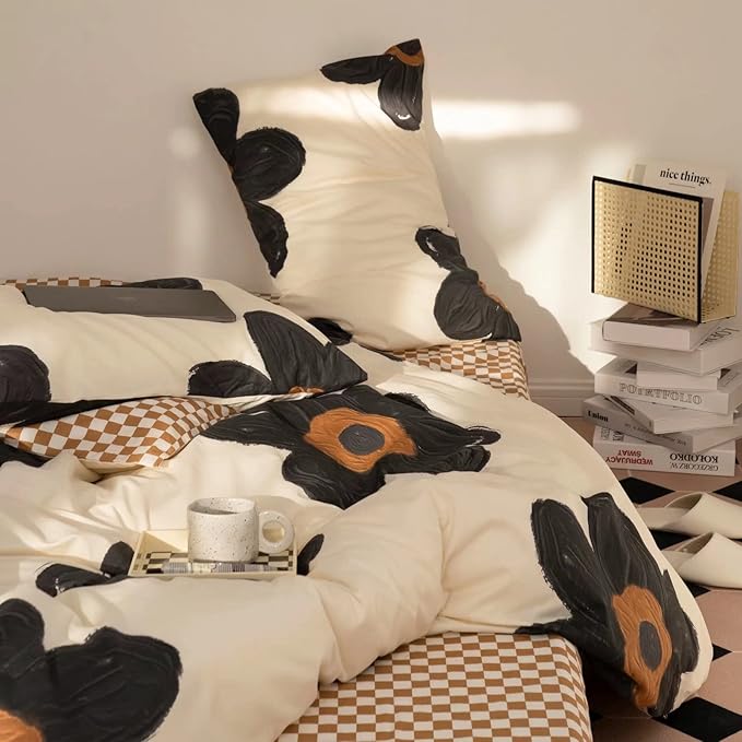 Luxlovery Black Floral Comforter Set King Women Sunflower Black and White Bedding Comforter Set Chic Bohemian Cute Flower Cute Blanket Quilts Girls Boho Bedding Set for King Bed