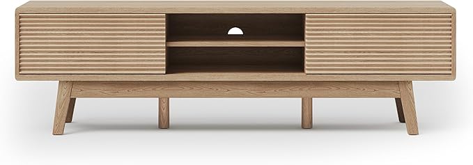 59" TV Console, Mid Century Modern Media Console for 55/60/65 Inch TV, Low Profile TV Stand with Fluted Sliding Doors, Boho Light Wood Credenza for Living Room, Oak